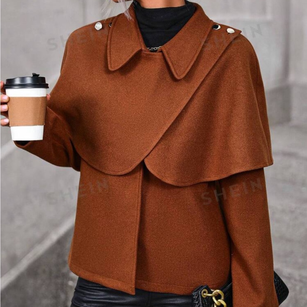 SHEIN LUNE Women's Button Detail Woolen Coat With Cape Collar